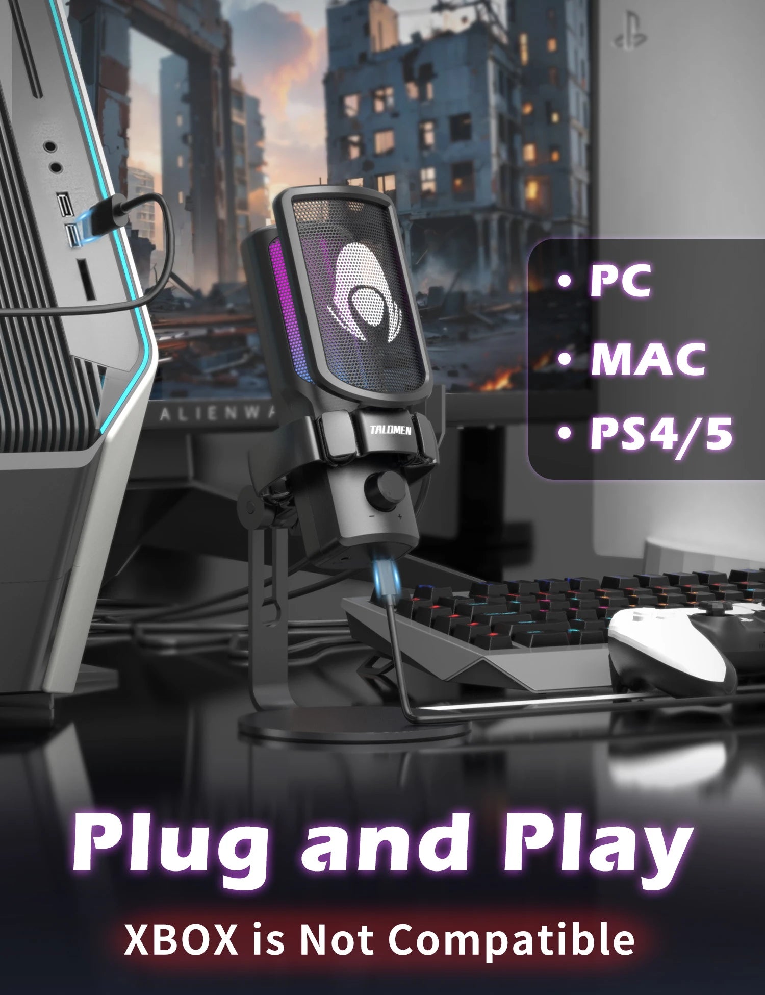 Talomen EYAS | Micrófono USB para PC, Podcast, Streaming, Grabación, Chat, PS4, PS5